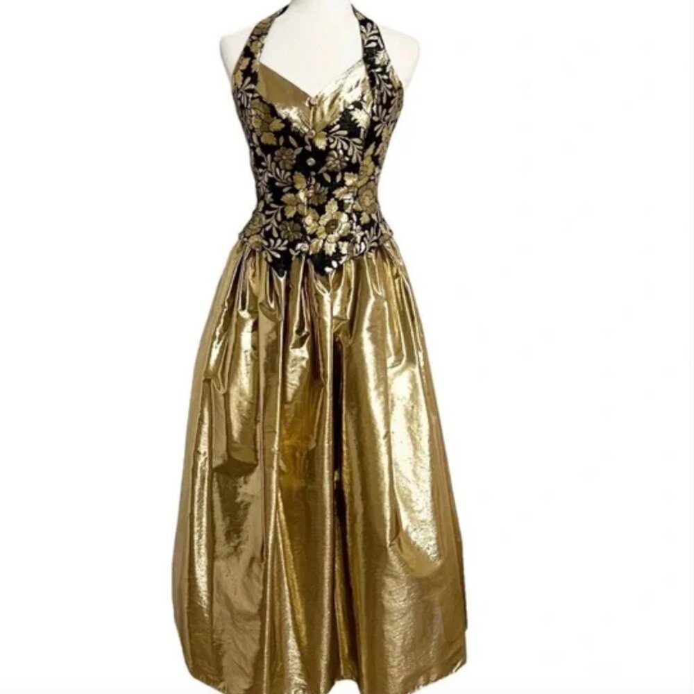Vtg Jessica McClintock Gunne Sax Metallic Foil Dress